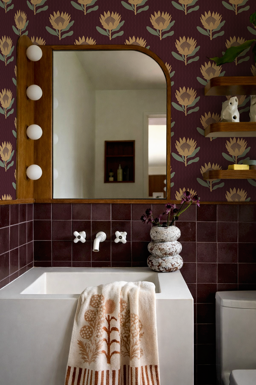 King Protea Wallpaper, dark plum and butter yellow