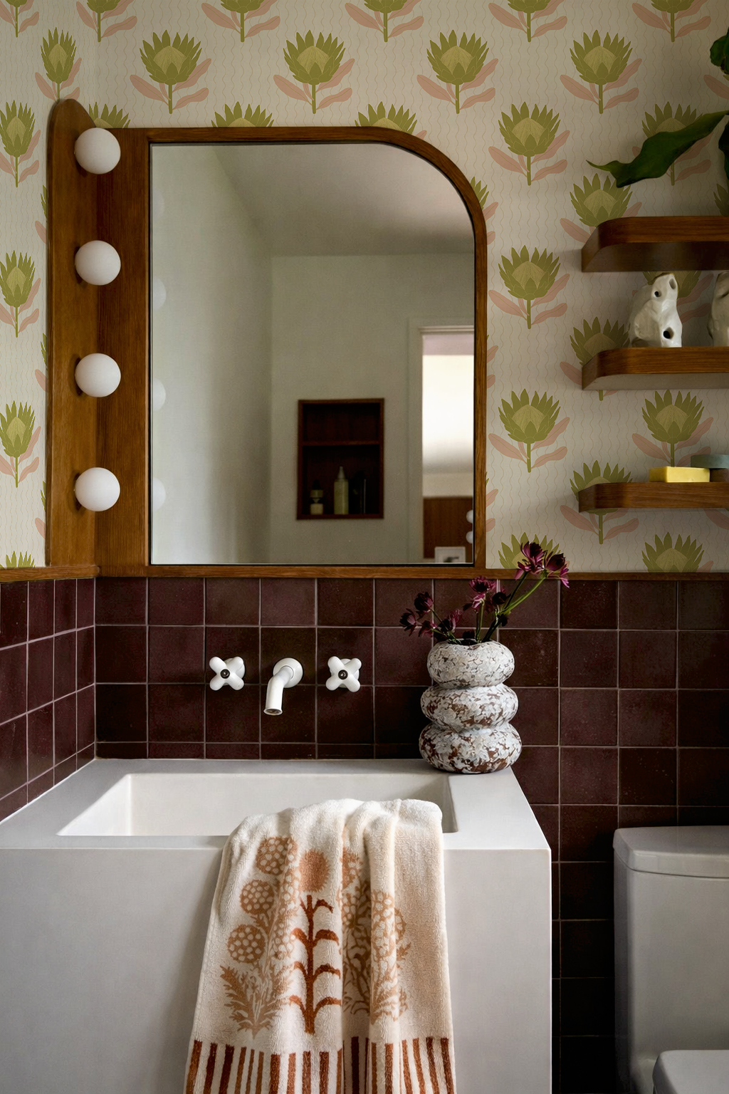 King Protea Wallpaper, tan and olive