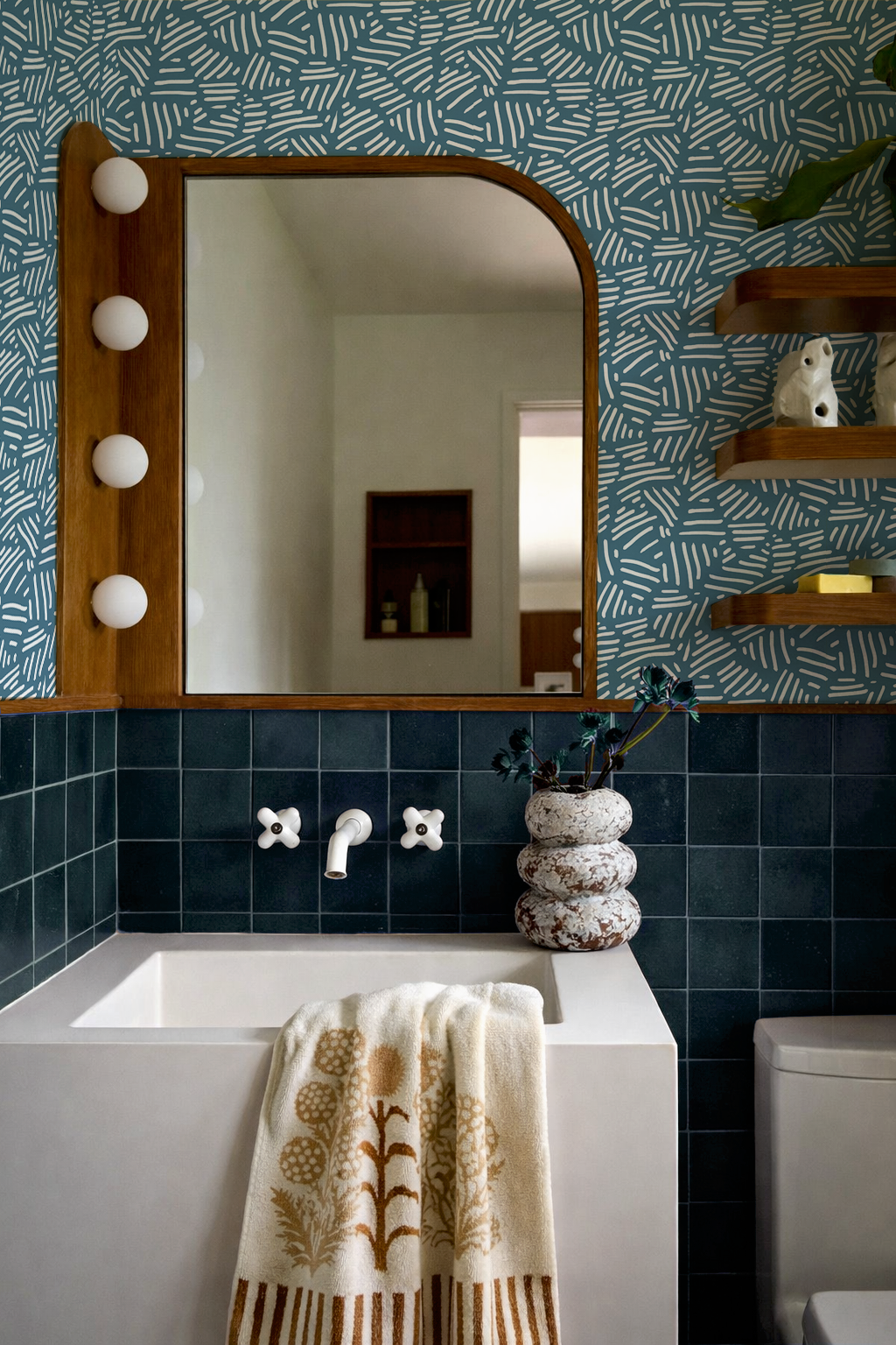 Simple Stripes Wallpaper, denim blue and white