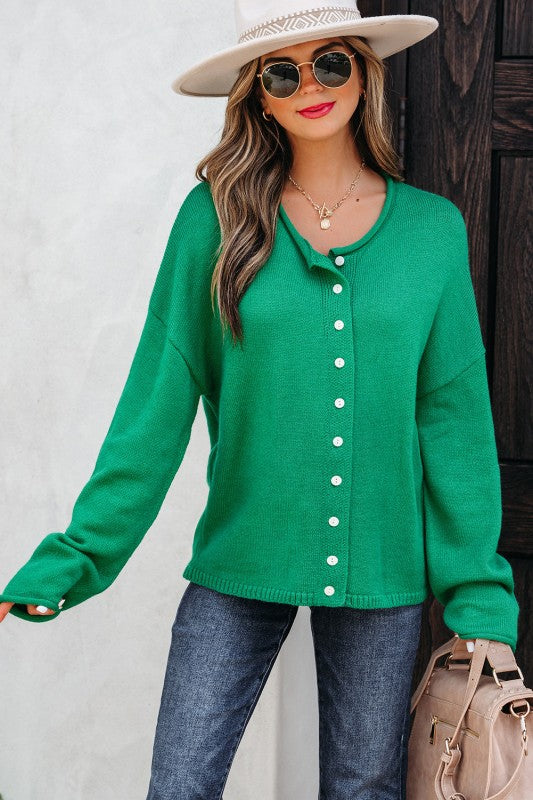Solid Knit Button-Up Drop Shoulder Sweater Cardiga