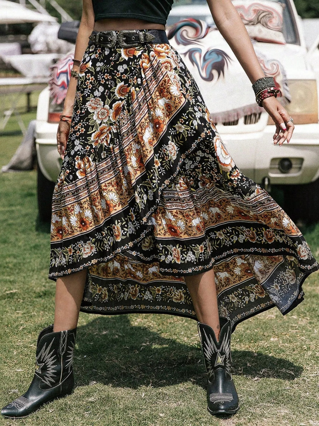 Boho Floral Print High-Low Skirt See size chart under “more details”