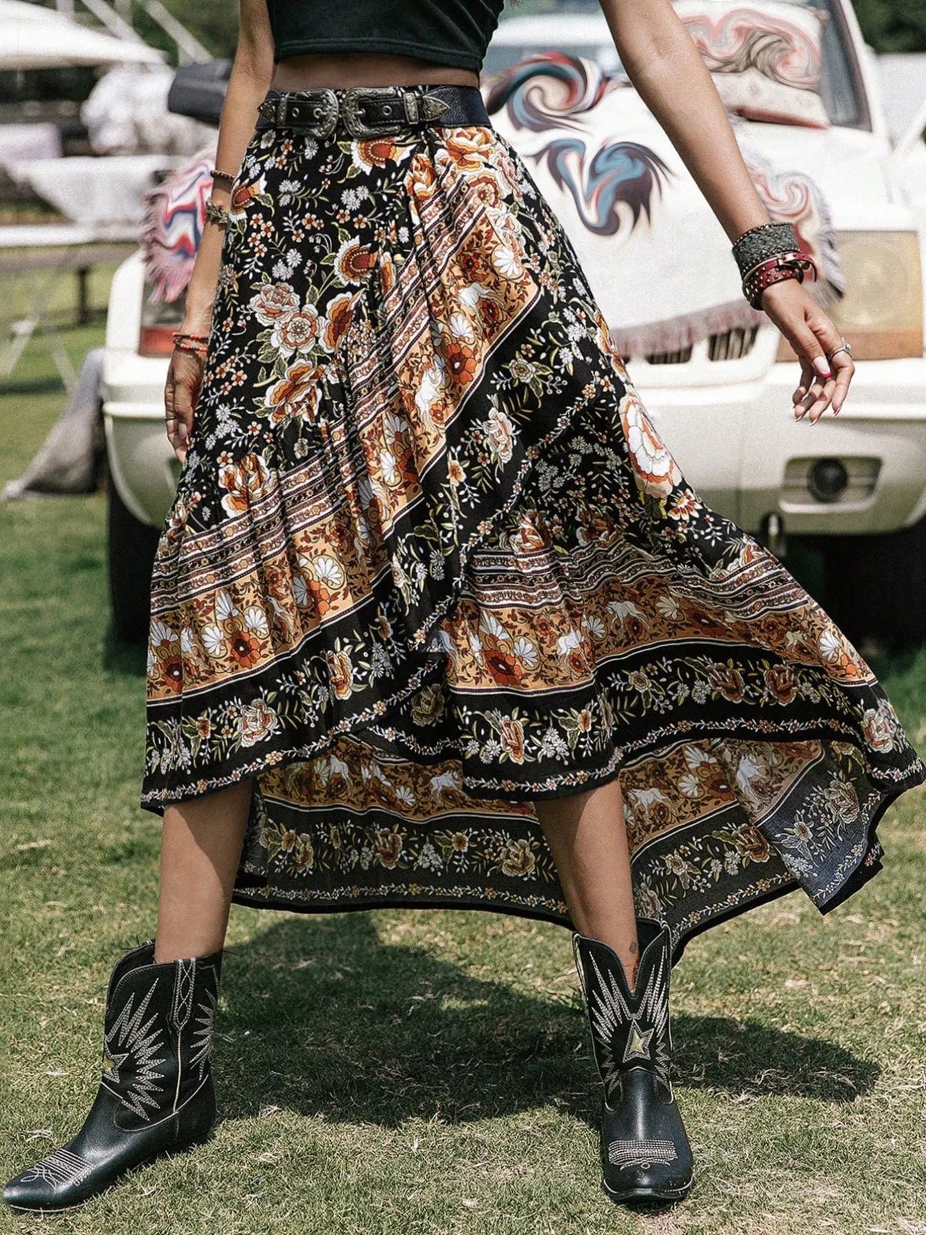 Boho Floral Print High-Low Skirt See size chart under “more details”