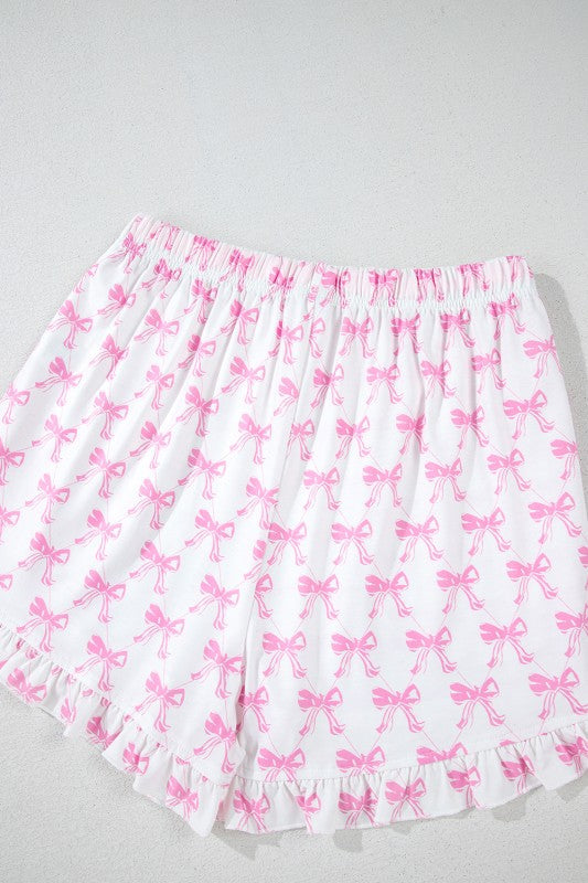 Pink Short Sleeve and Ruffled Shorts Pajama Set