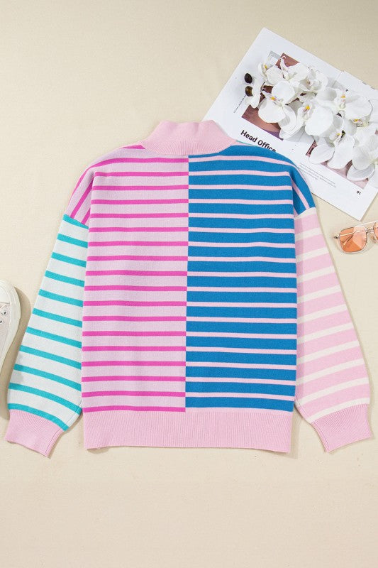 Stripe Colorblock Half Zip Sweater