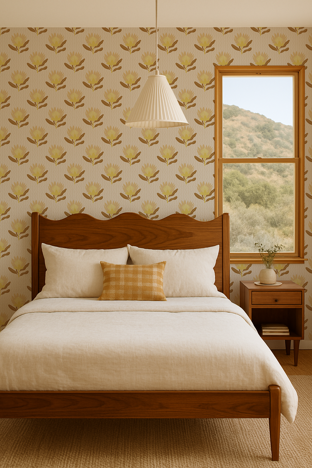 King Protea Wallpaper, neutral and brown mustard