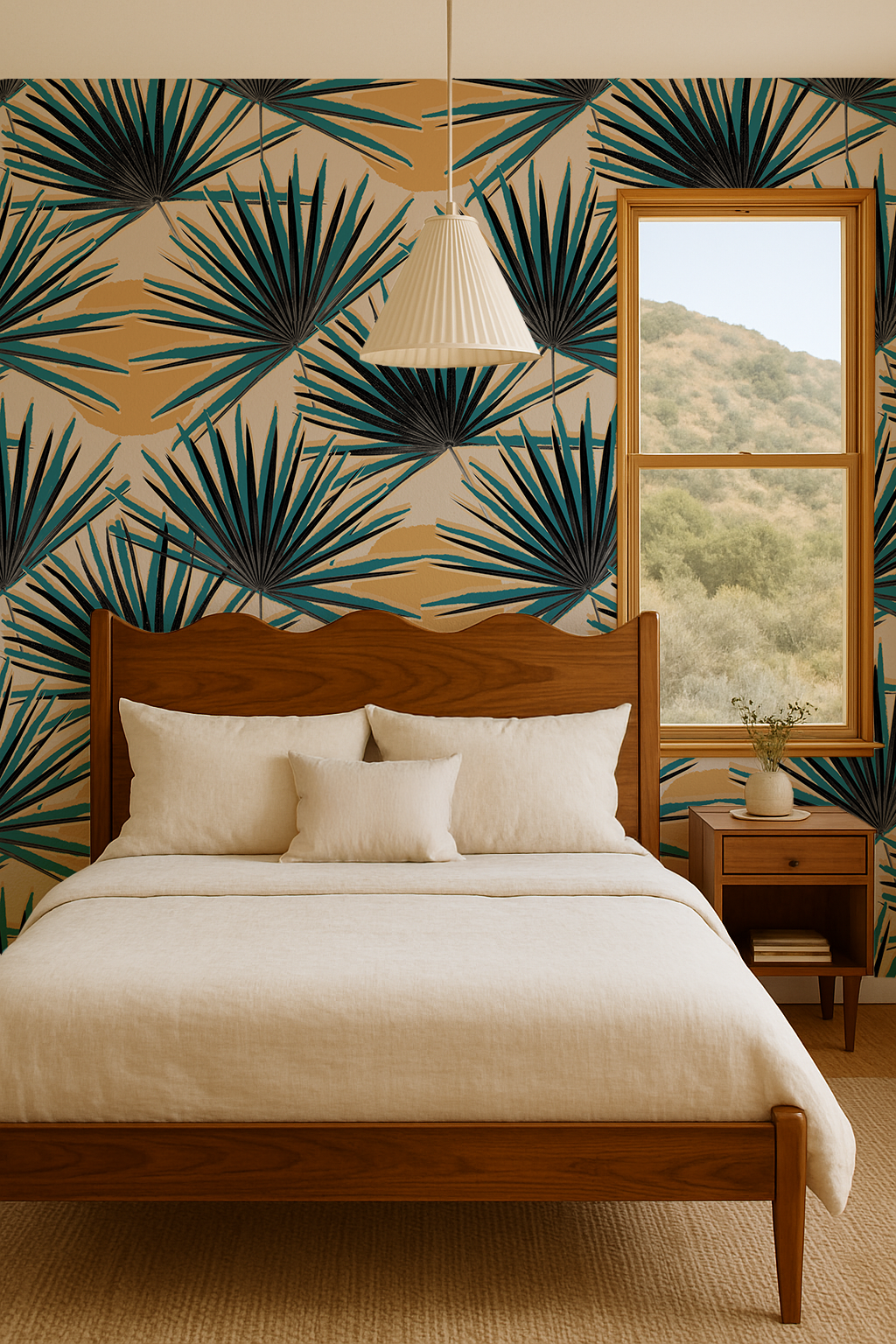 Palm Deco Wallpaper, blue and orange
