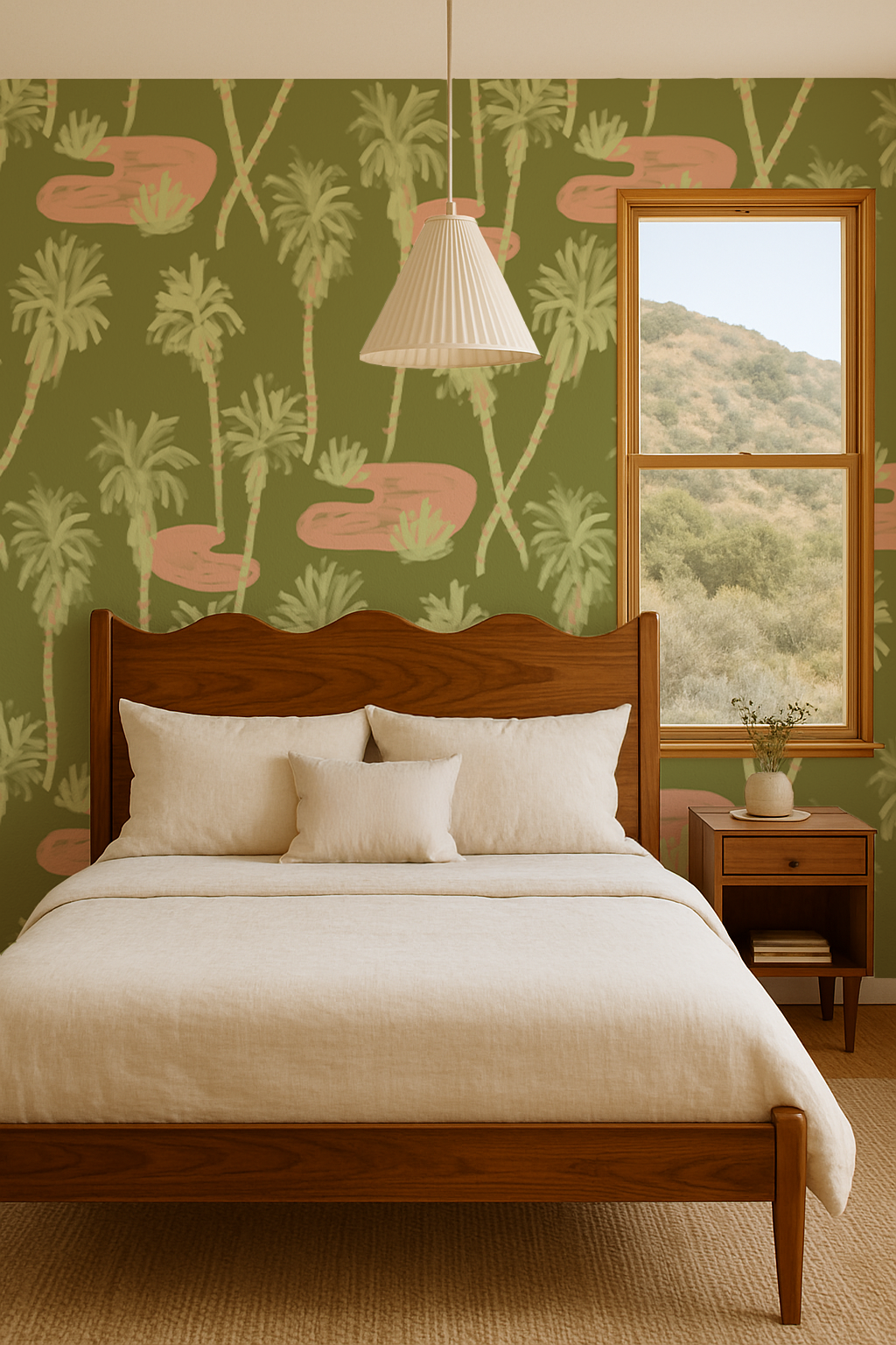 Palm Oasis Wallpaper, olive green and coral