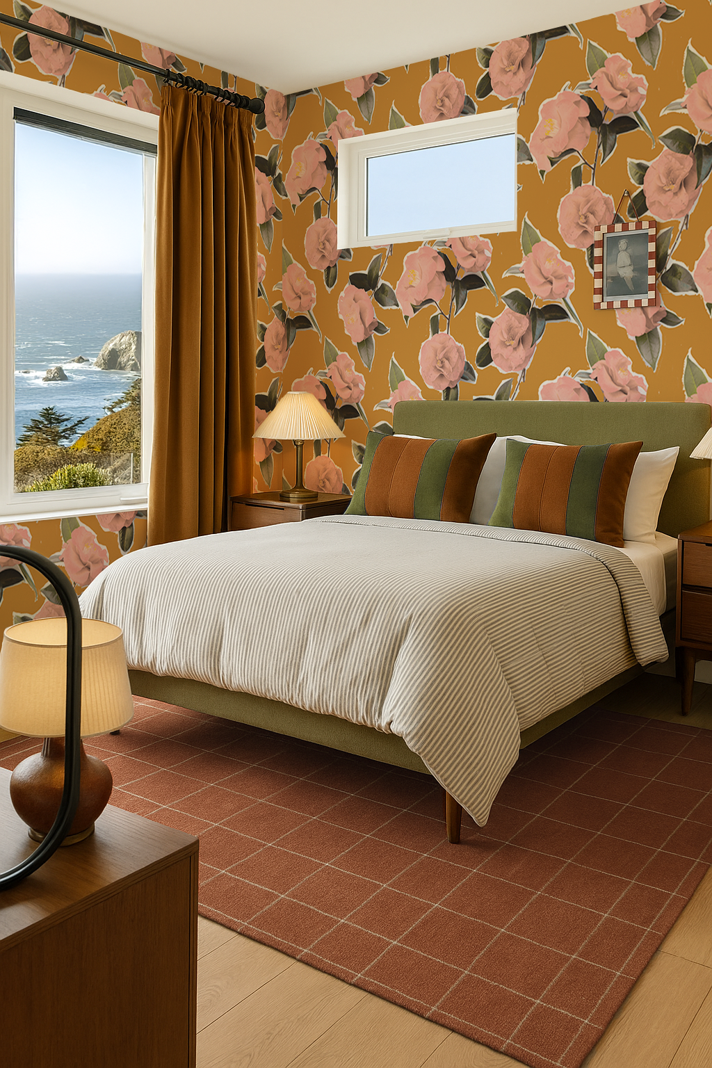 Camellia Wallpaper, mustard and coral