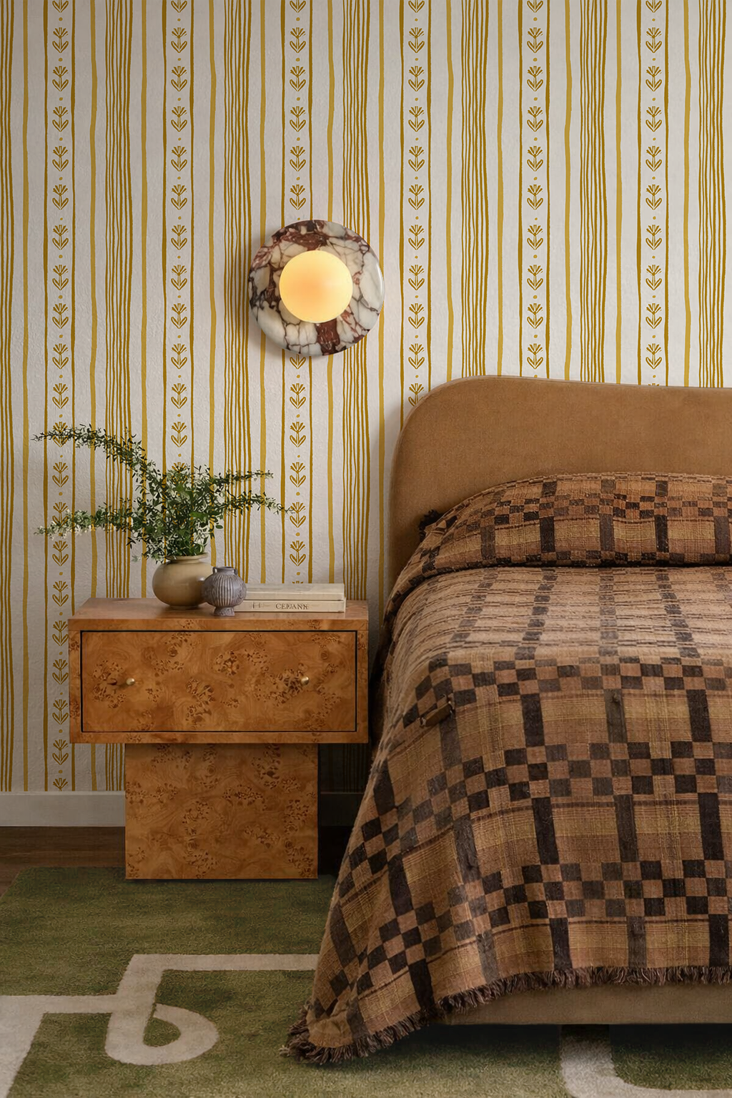 Daisy Chain Stripe Wallpaper, beige and yellow