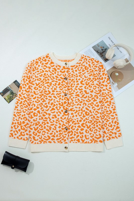 Leopard Drop Shoulder Chunky Cardigan Sweater