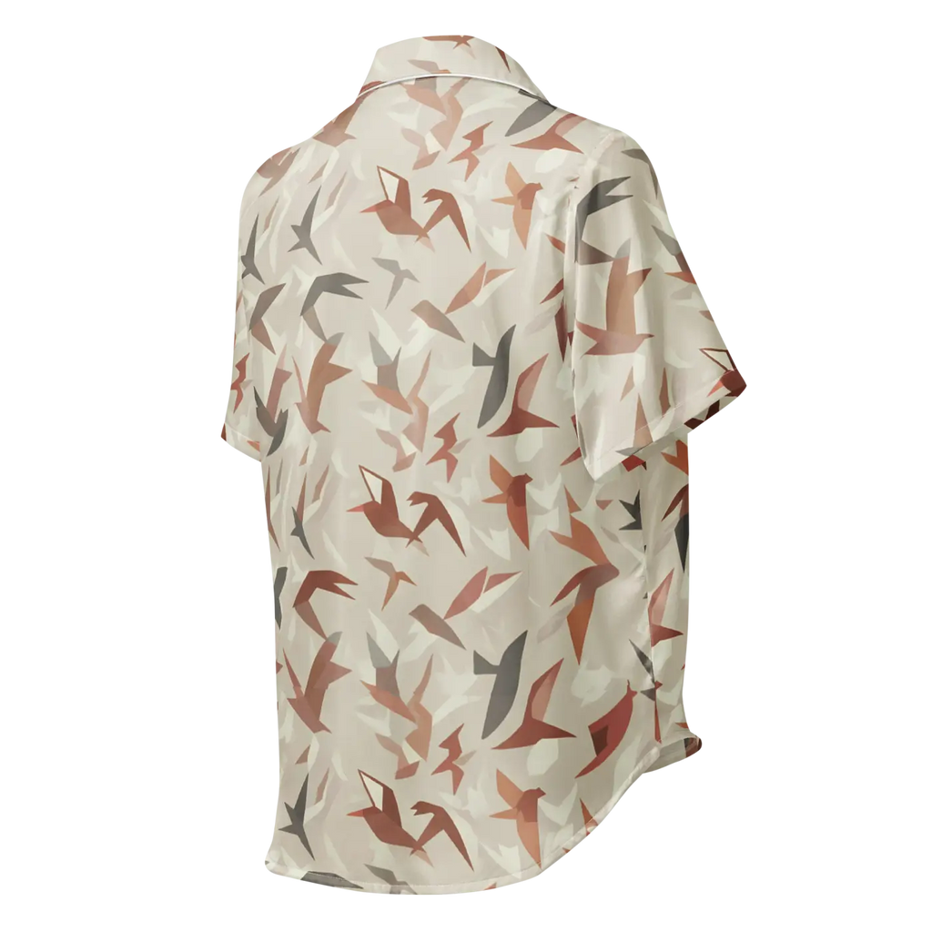 Satin Birds Print Short Sleeve Pajama - Silky Loungewear - DipaliZ