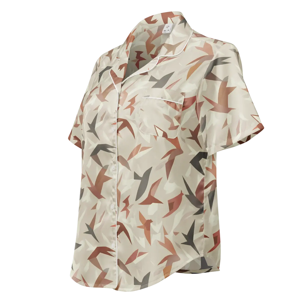 Satin Birds Print Short Sleeve Pajama - Silky Loungewear - DipaliZ