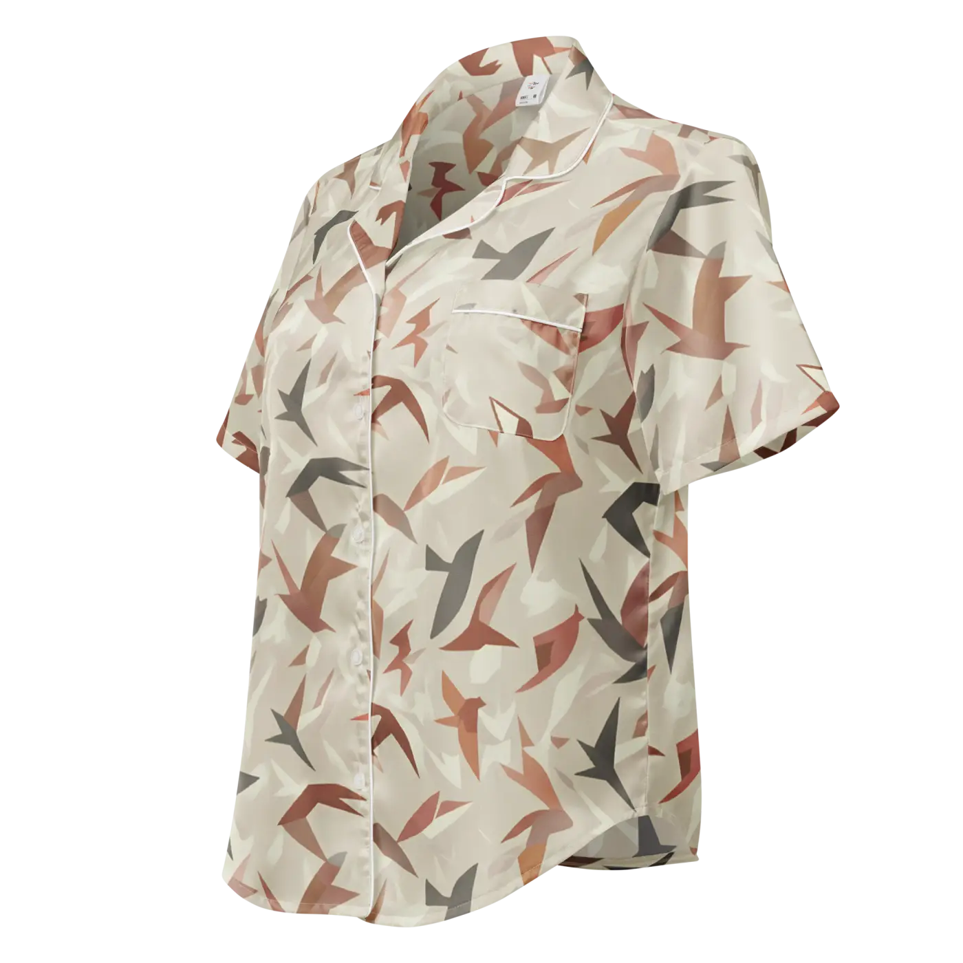 Satin Birds Print Short Sleeve Pajama - Silky Loungewear - DipaliZ