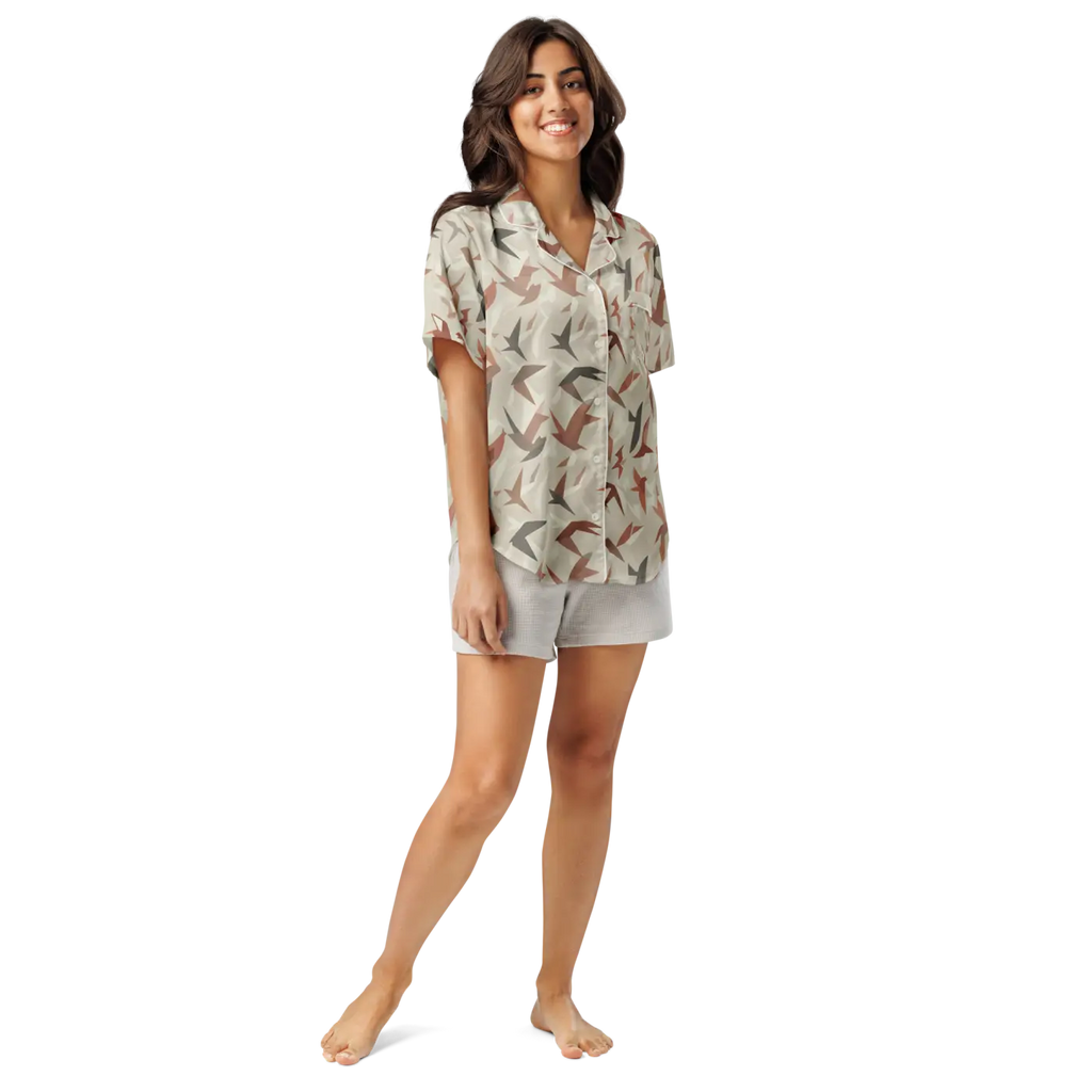 Satin Birds Print Short Sleeve Pajama - Silky Loungewear - DipaliZ