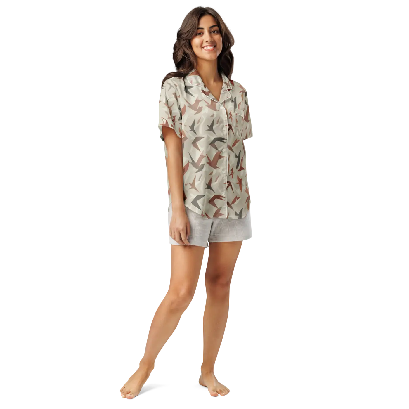 Satin Birds Print Short Sleeve Pajama - Silky Loungewear - DipaliZ