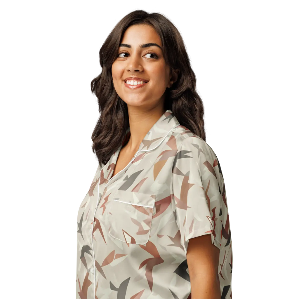 Satin Birds Print Short Sleeve Pajama - Silky Loungewear - DipaliZ