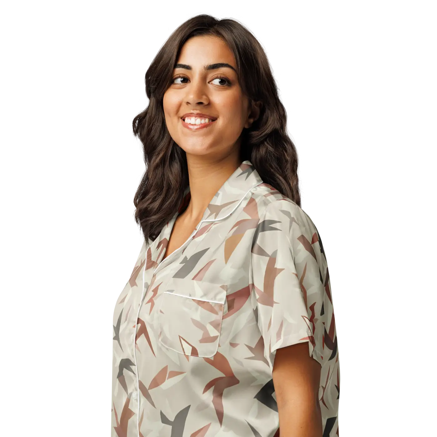 Satin Birds Print Short Sleeve Pajama - Silky Loungewear - DipaliZ