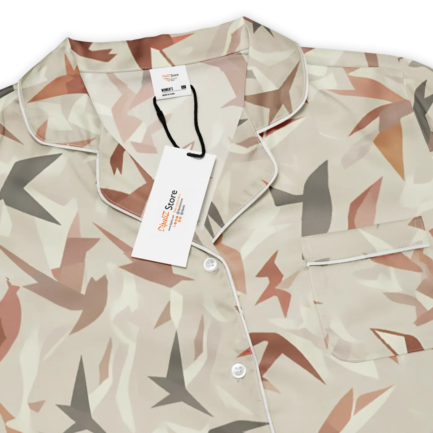 Satin Birds Print Short Sleeve Pajama - Silky Loungewear - DipaliZ