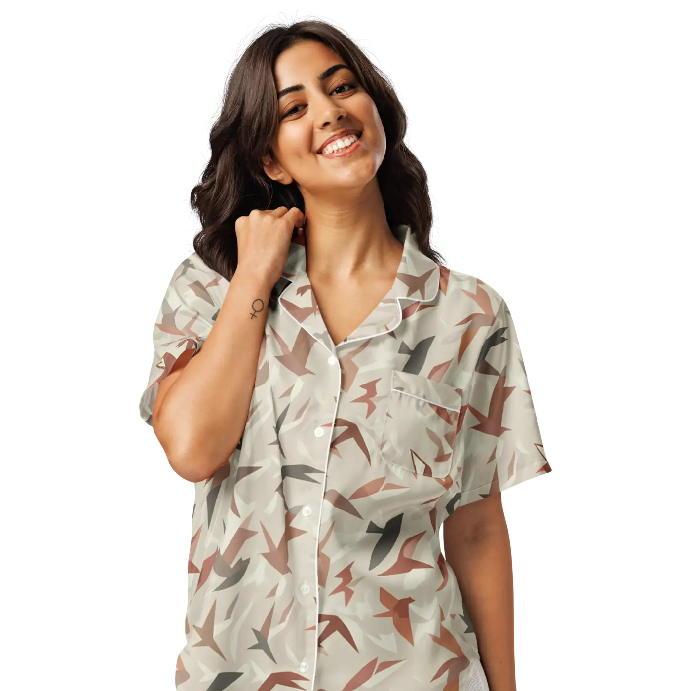 Satin Birds Print Short Sleeve Pajama - Silky Loungewear - DipaliZ