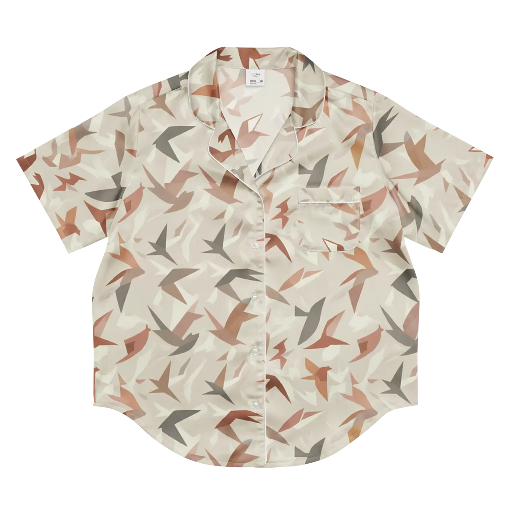 Satin Birds Print Short Sleeve Pajama - Silky Loungewear - DipaliZ