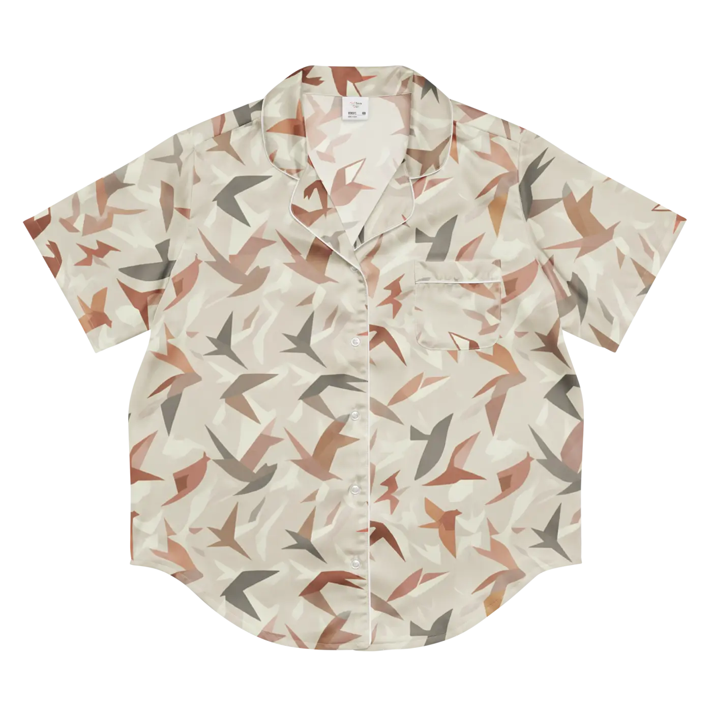 Satin Birds Print Short Sleeve Pajama - Silky Loungewear - DipaliZ