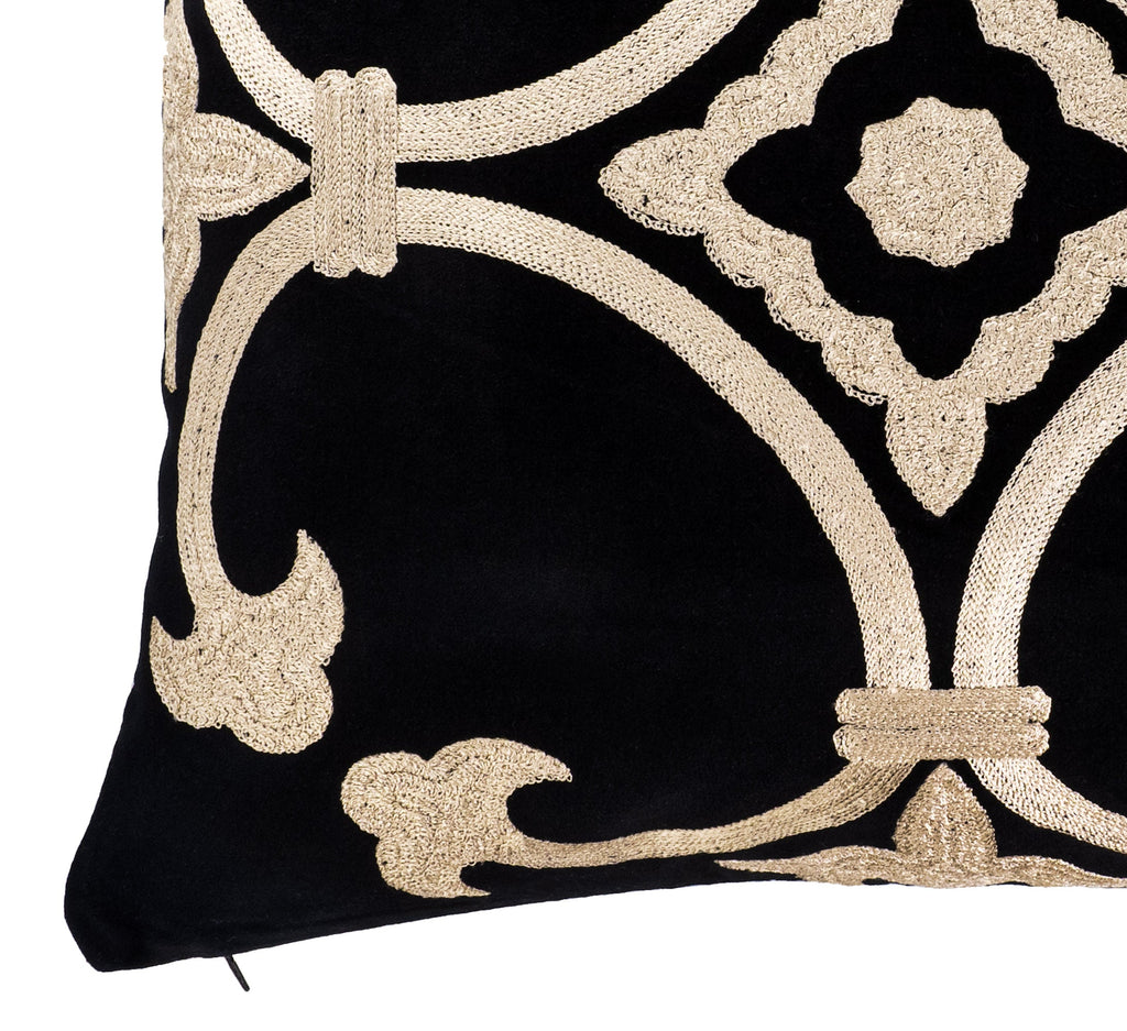 Black Velvet Throw Pillow with Gold Embroidery - Palazzo Collection, 20 X 20