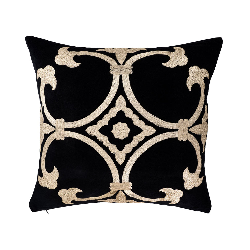 Black Velvet Throw Pillow with Gold Embroidery - Palazzo Collection, 20 X 20