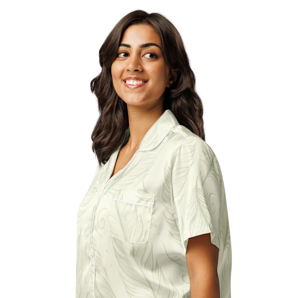 Silky Short Sleeve Pajama - Boho Feathers Satin - DipaliZ