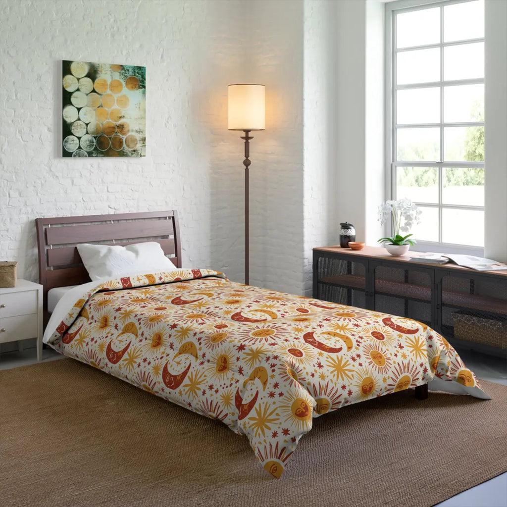 Boho Sun Moon Comforter - Celestial Floral Vintage Vibes - DipaliZ