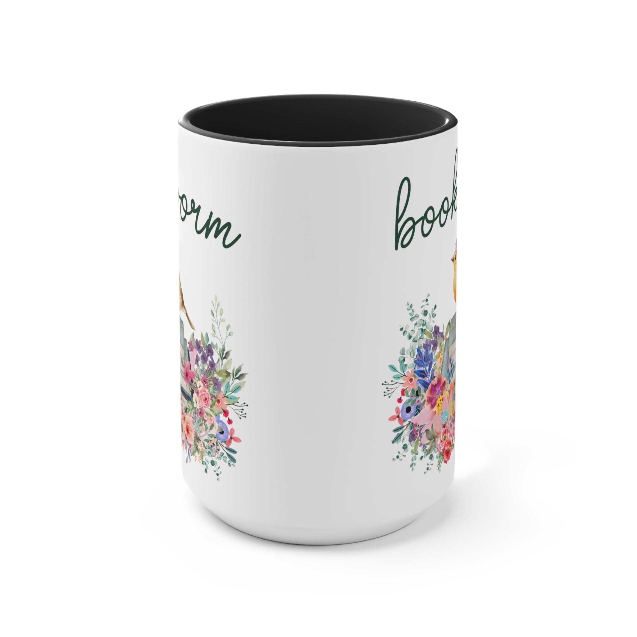 Bookworm Coffee Mug with Bird and Flowers: 15 Oz Coffee Mug