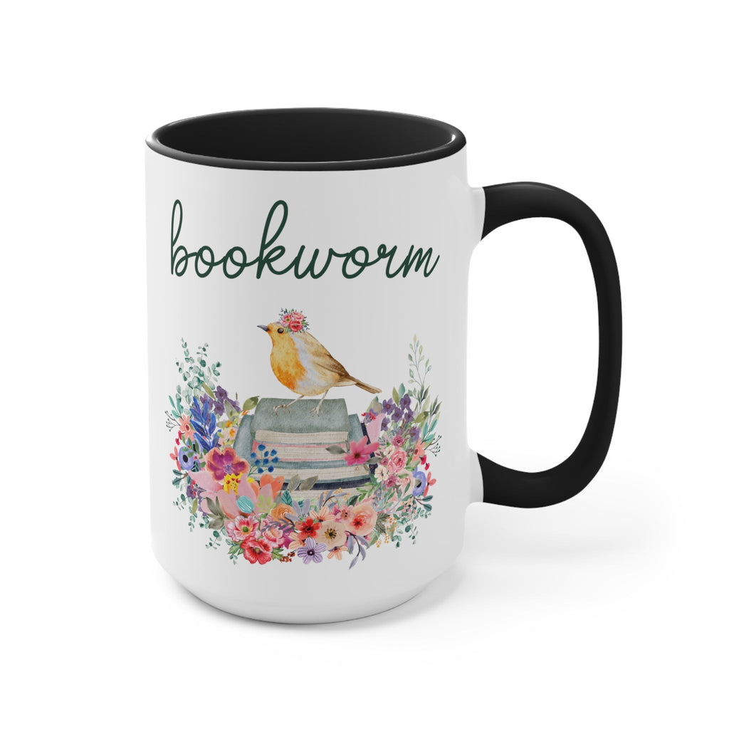 Bookworm Coffee Mug with Bird and Flowers: 15 Oz Coffee Mug