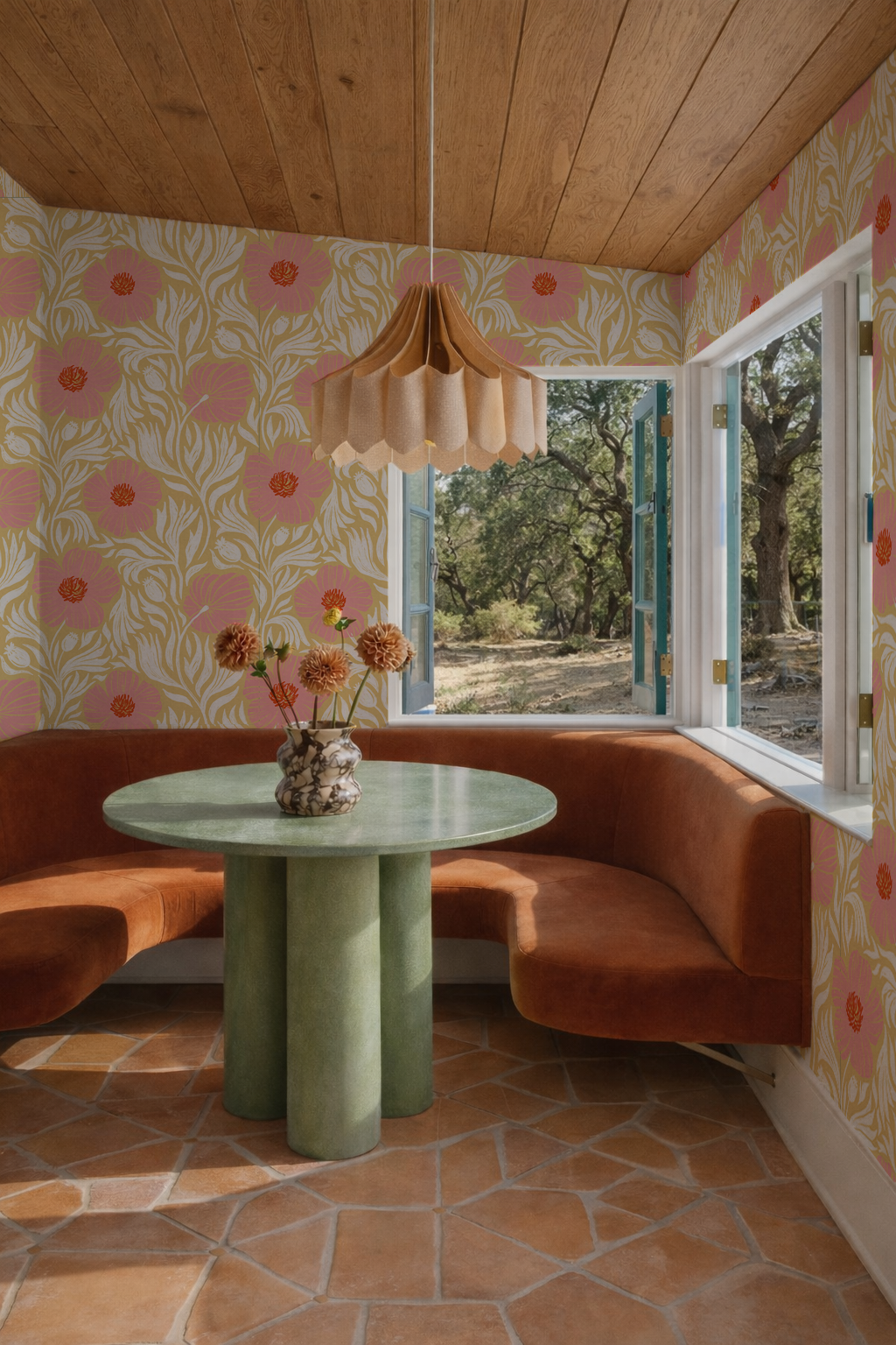 Matilija Wallpaper, butter yellow, pink and white