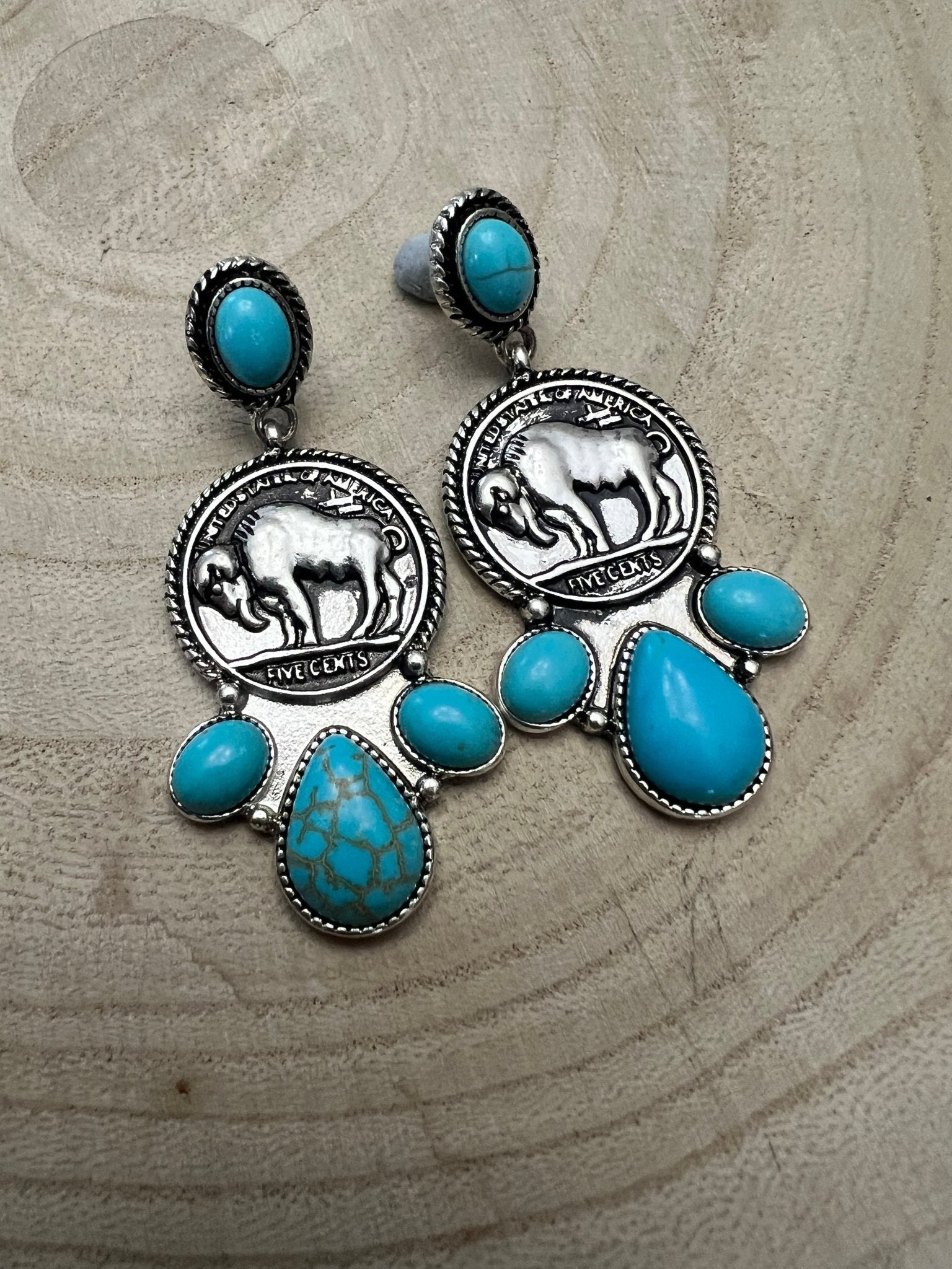 Buffalo Coin Faux Turquoise Cluster Earrings