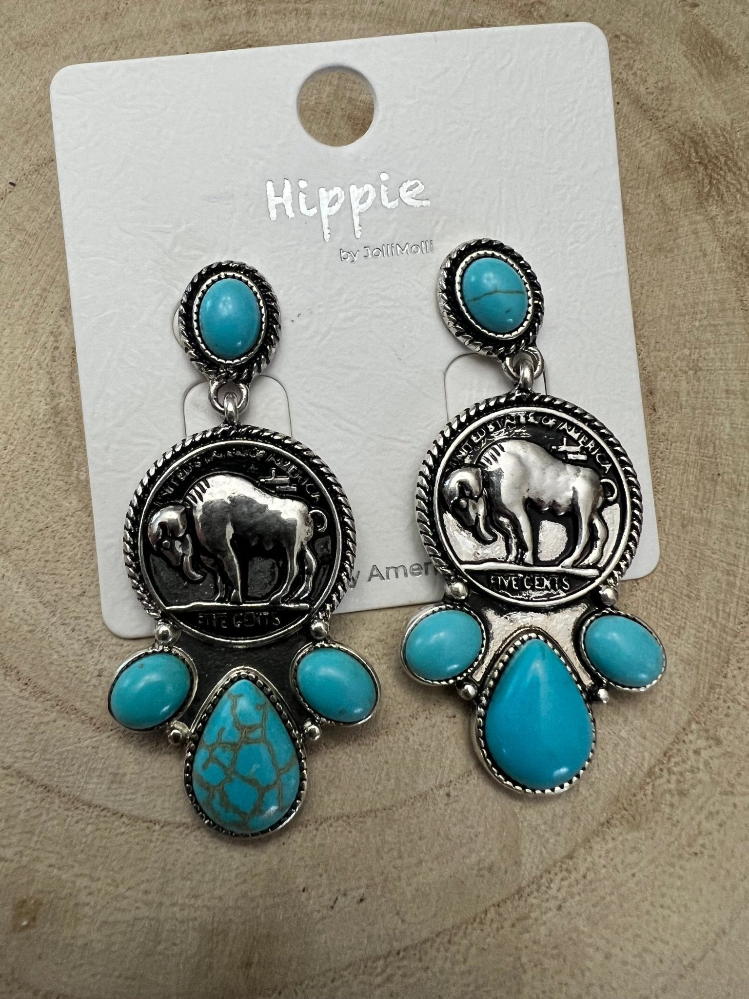 Buffalo Coin Faux Turquoise Cluster Earrings