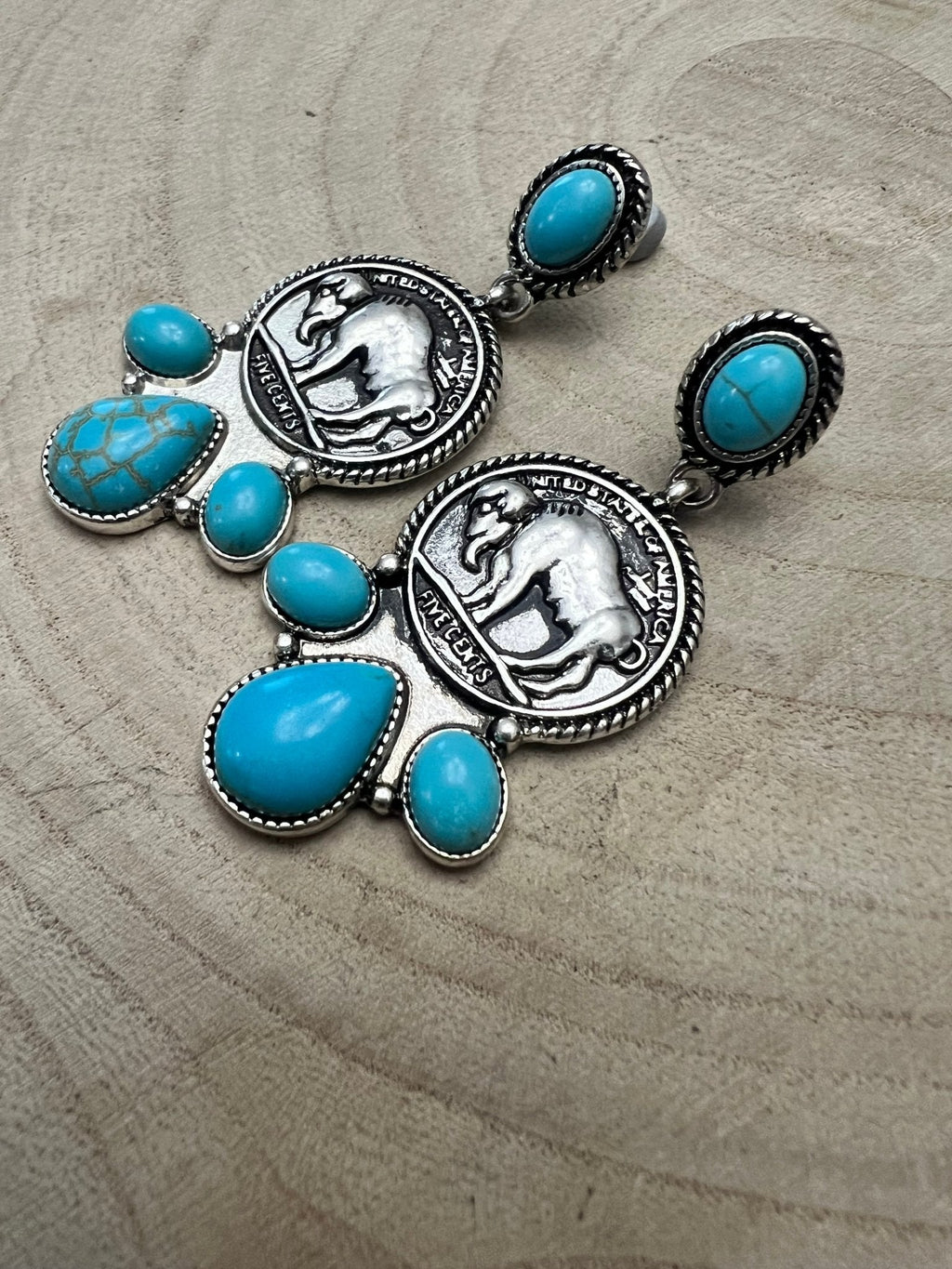 Buffalo Coin Faux Turquoise Cluster Earrings