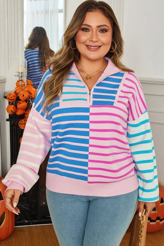 Stripe Colorblock Half Zip Sweater