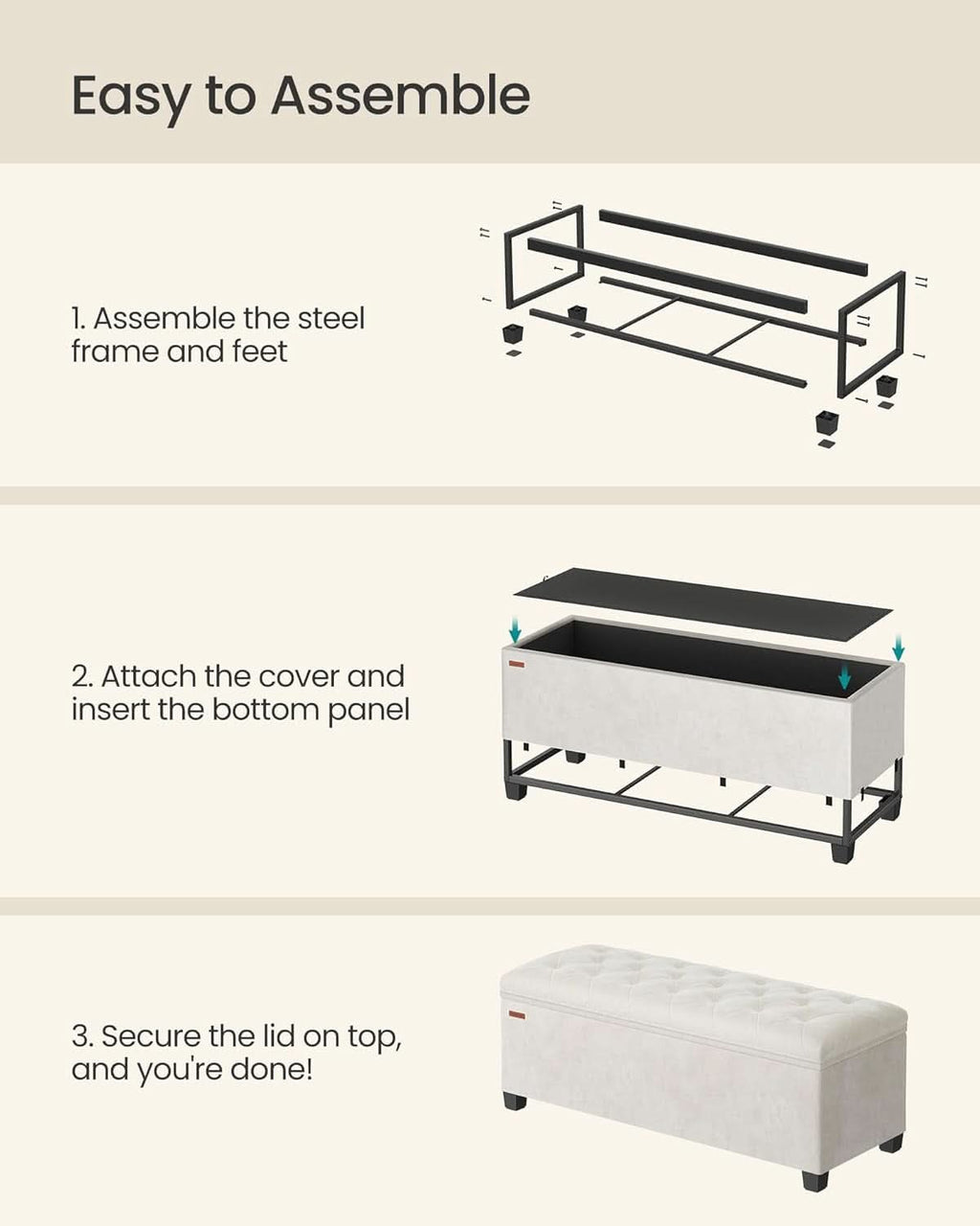 Cream Velvet Textured Storage Ottoman Bench 43Inch