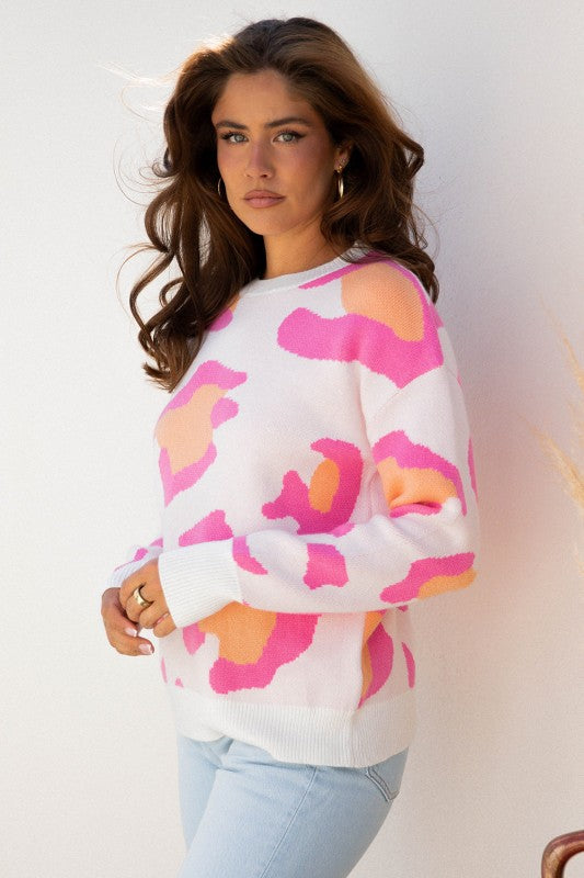 Leopard Round Neck Drop Shoulder Sweater