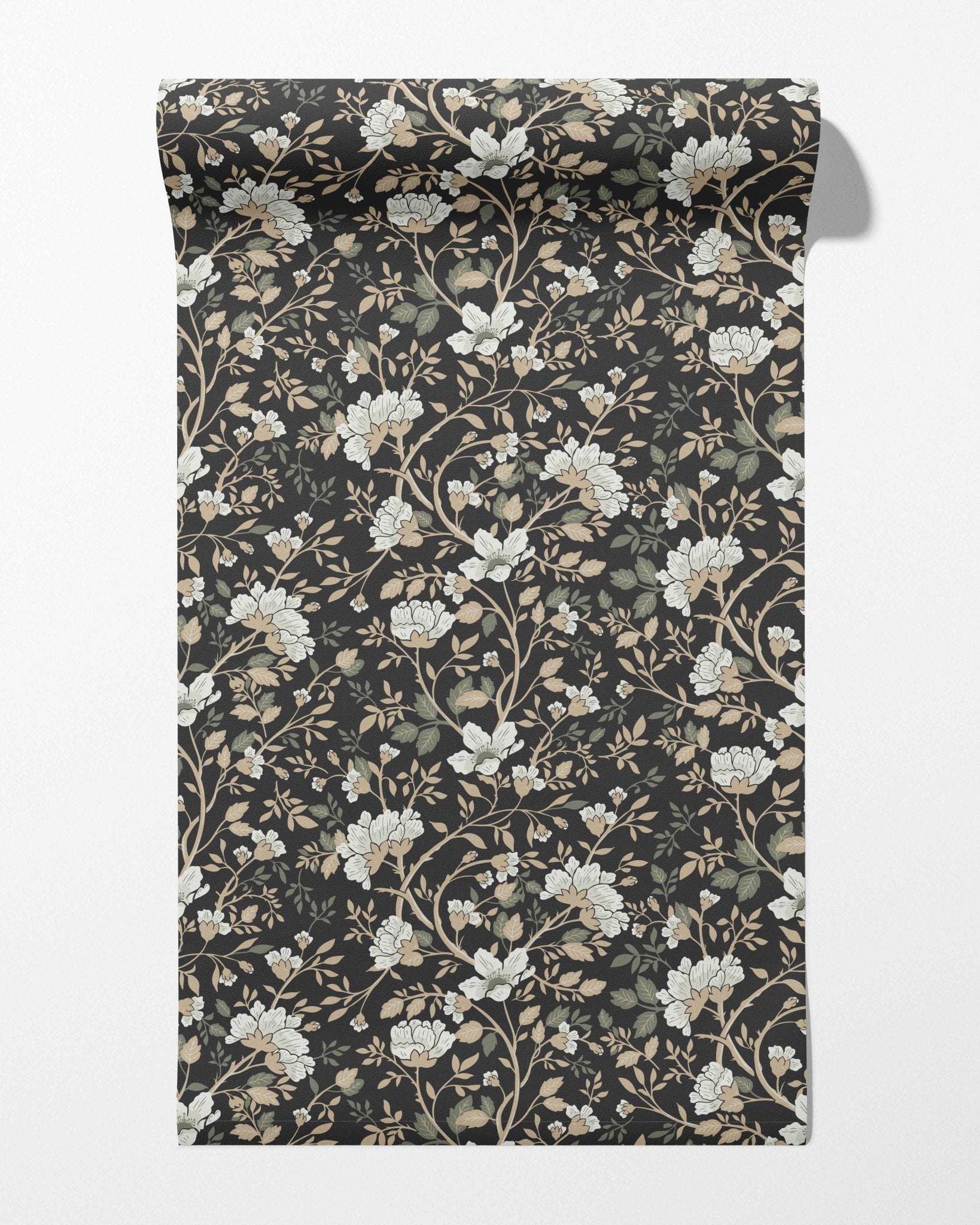 Camellia Study Wallpaper in Coal Cream Olive