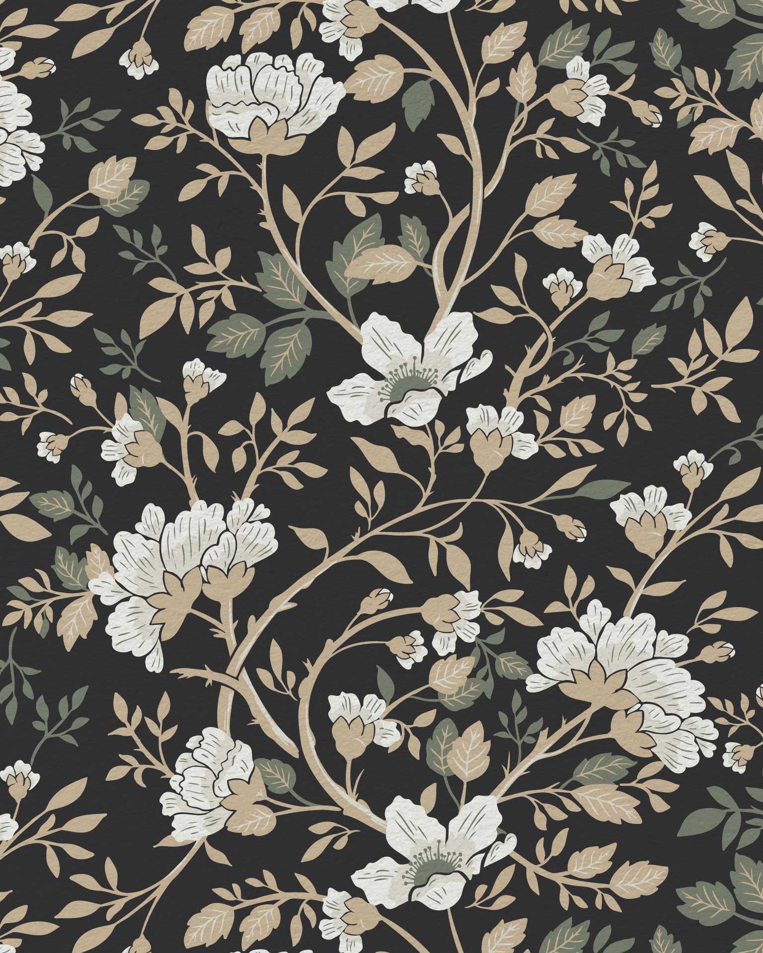 Camellia Study Wallpaper in Coal Cream Olive