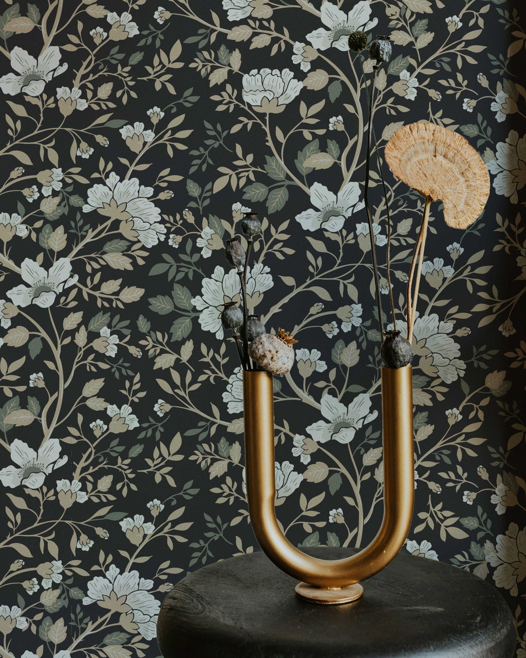 Camellia Study Wallpaper in Coal Cream Olive