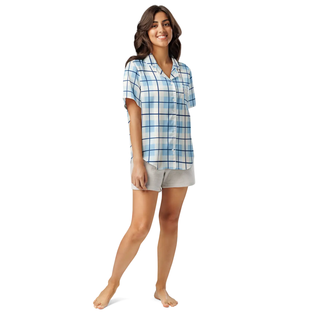Silky Capri Blue Madras Pajama Top - Relaxed Fit - DipaliZ