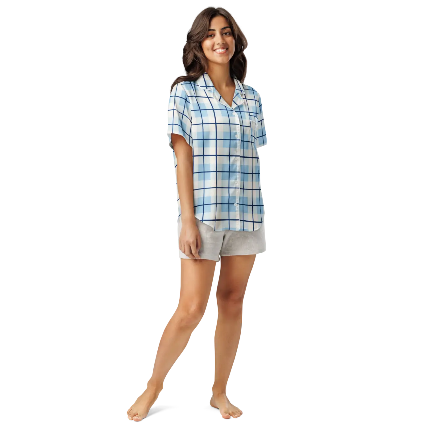 Silky Capri Blue Madras Pajama Top - Relaxed Fit - DipaliZ