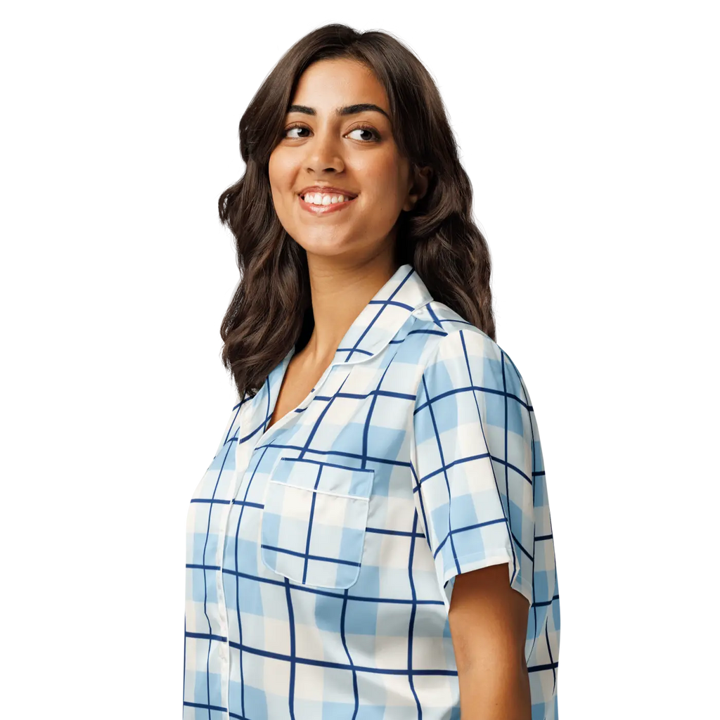 Silky Capri Blue Madras Pajama Top - Relaxed Fit - DipaliZ