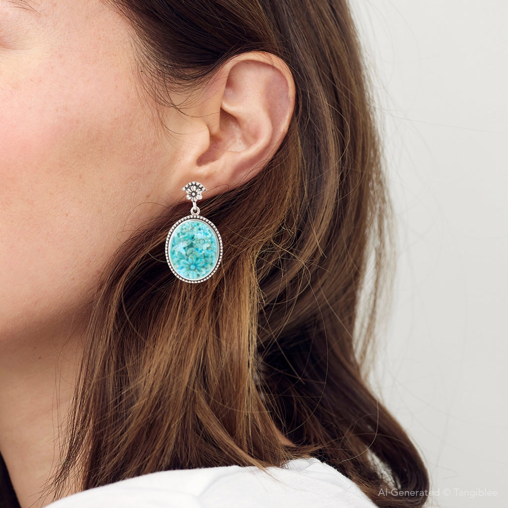 Carved Blue Turquoise Sterling Silver Drop Earrings