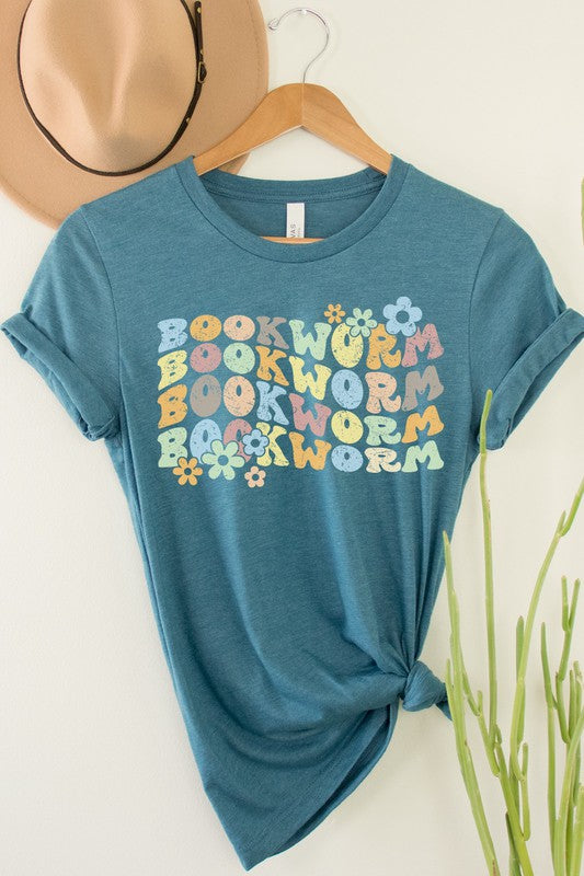Book Worm Reading Floral School Fall Graphic Tee