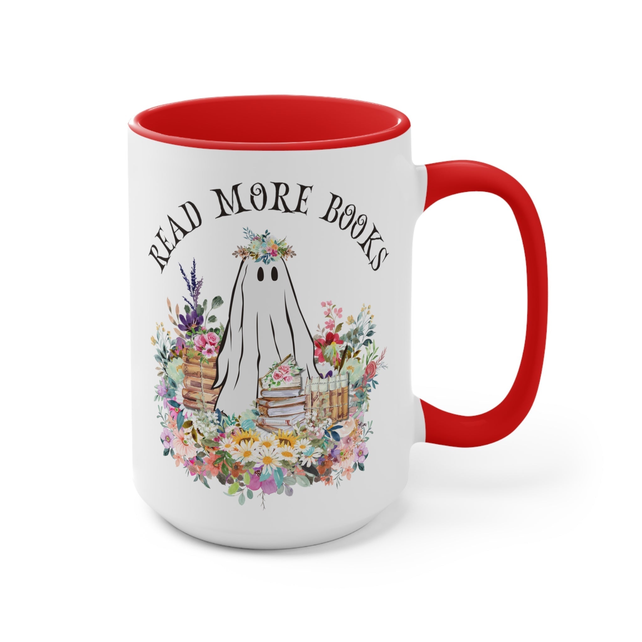 Coffee Mug for Librarian: Read More Books | 15 Oz Coffee Mug with Floral Ghost