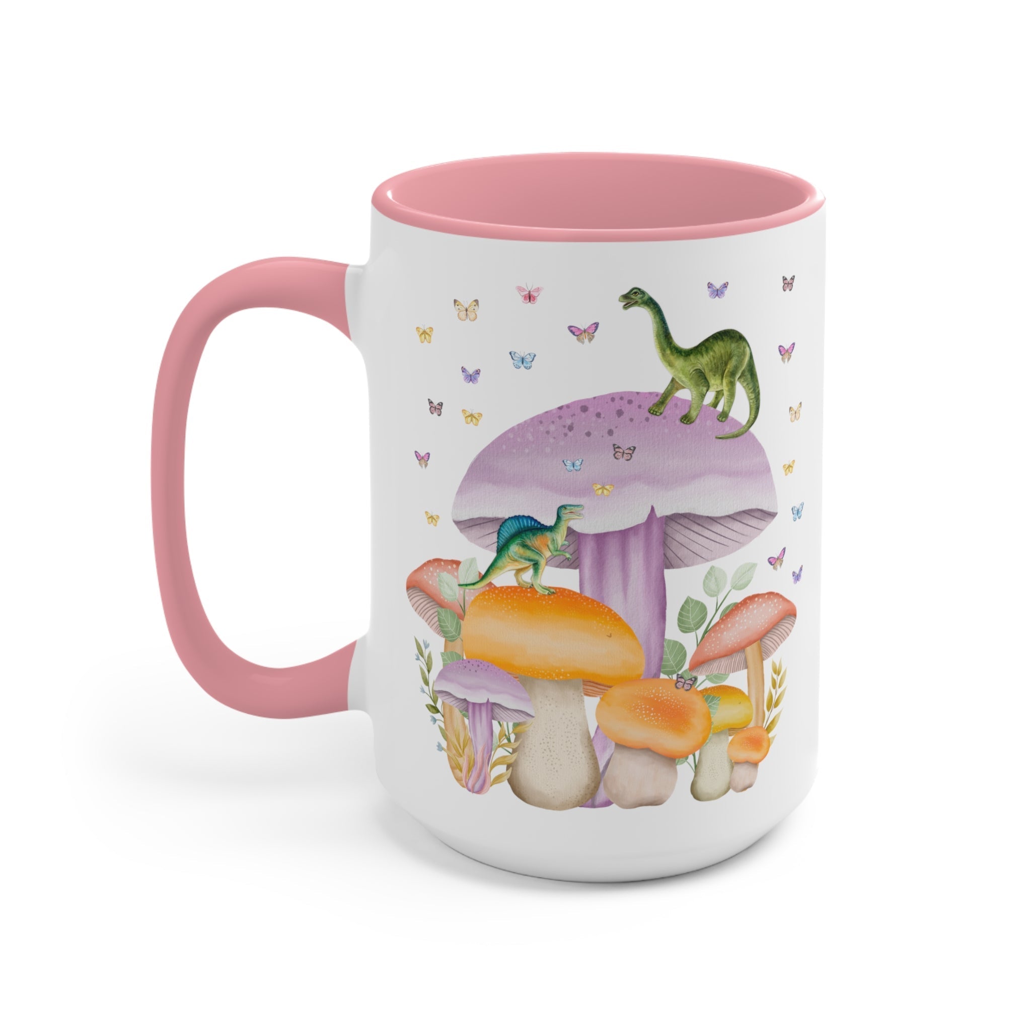 Coffee Mug with Dinosaurs and Mushrooms: 15 Oz Coffee Mug