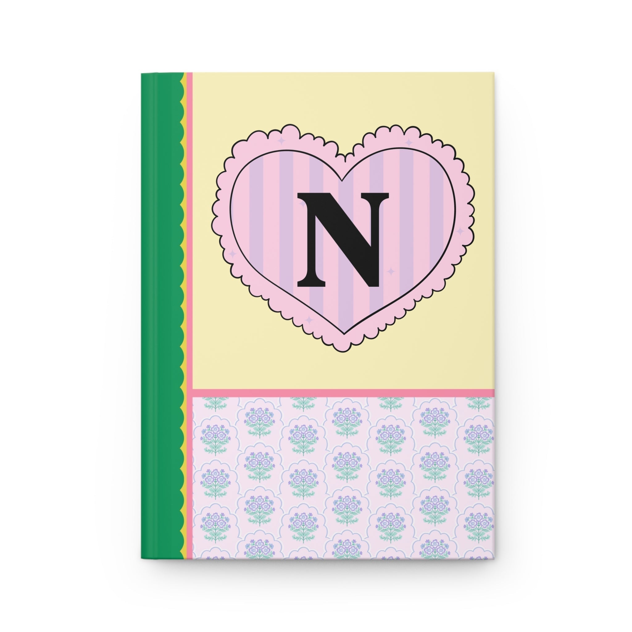 Colorful Floral Notebook with Initial for Best Friend or Sister, Cute Striped Floral Journal with Heart, Cute Retro Notebook with Letter: N