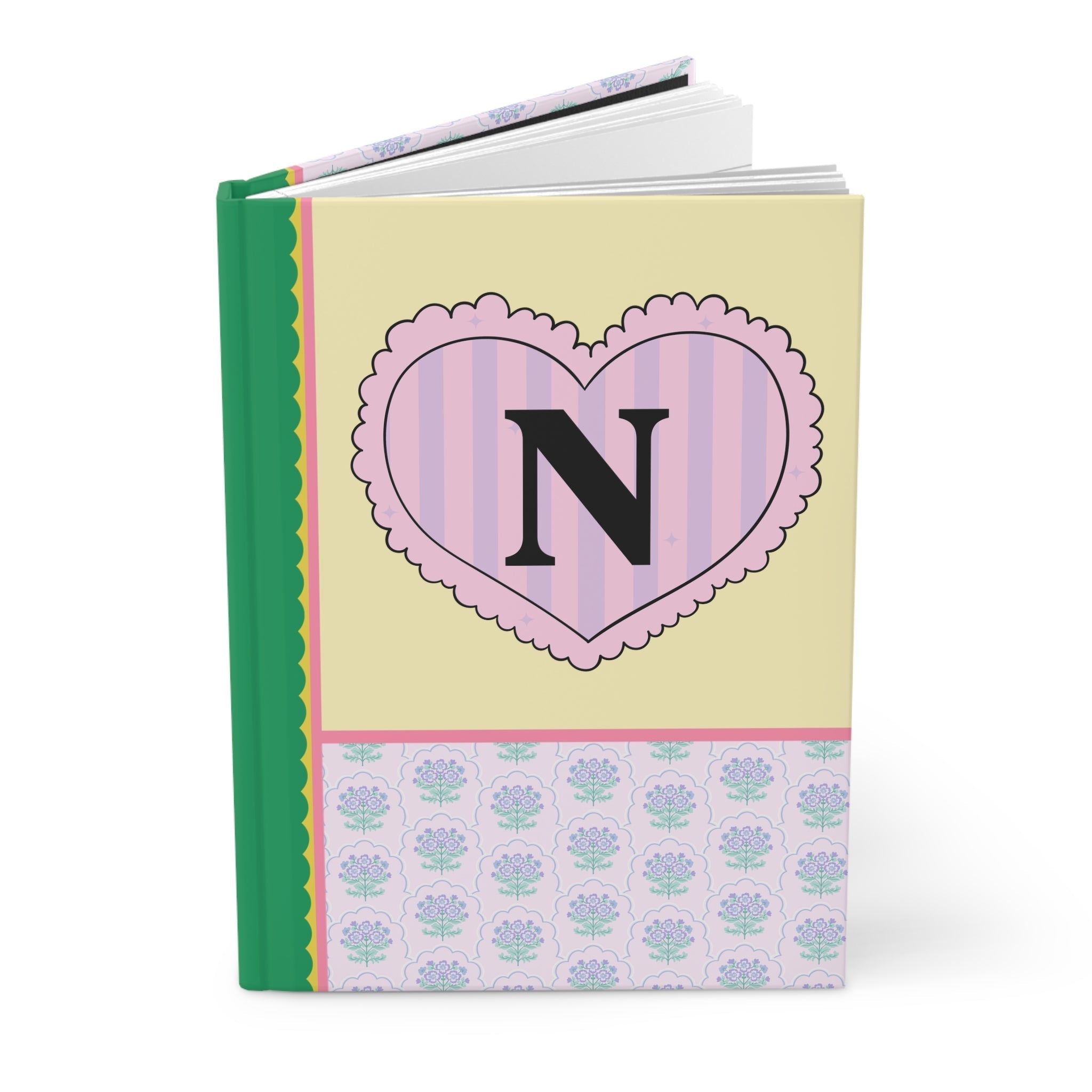 Colorful Floral Notebook with Initial for Best Friend or Sister, Cute Striped Floral Journal with Heart, Cute Retro Notebook with Letter: N